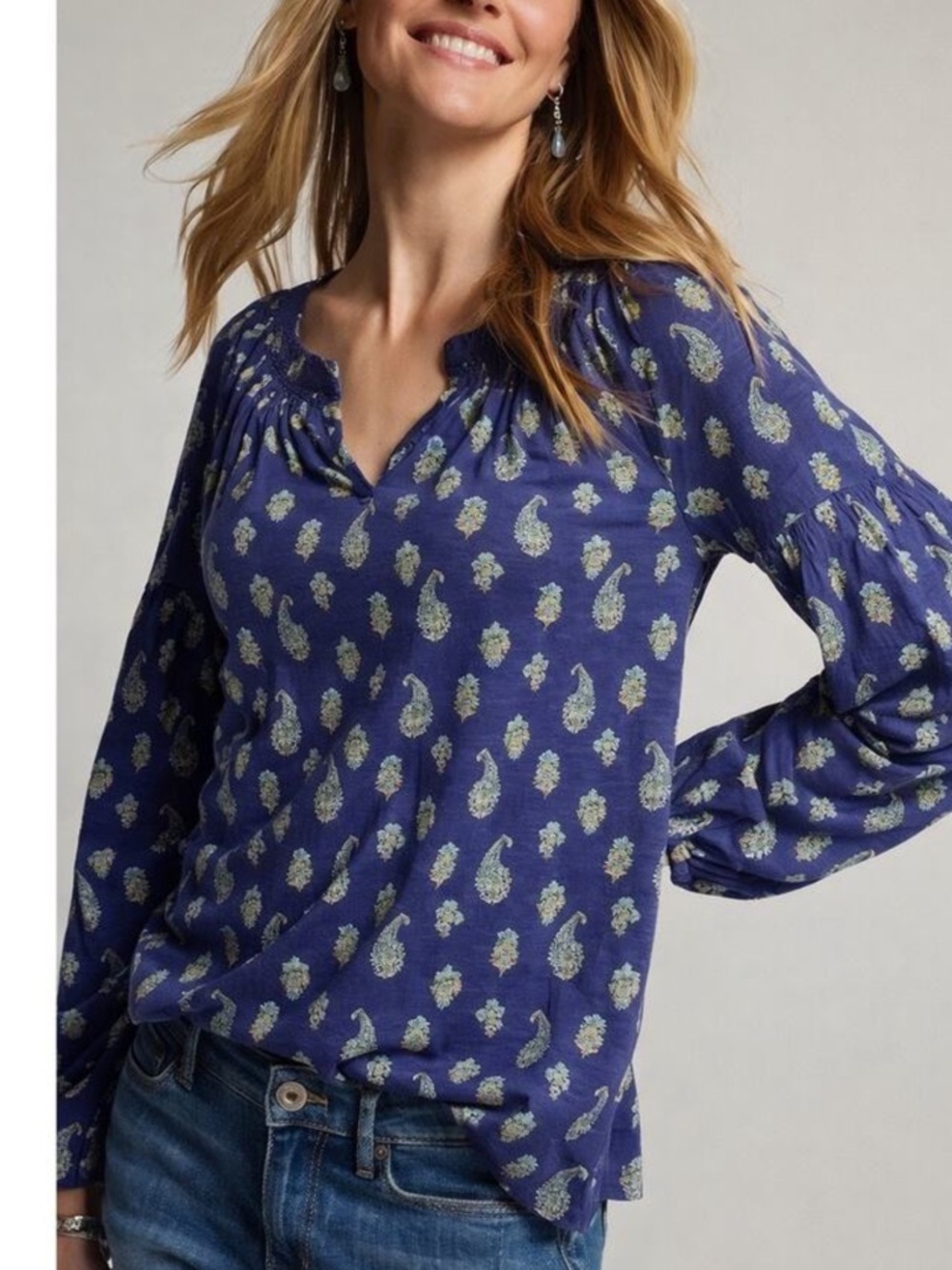 J. Jill Paisley Print Long-Sleeve V-Neck Top in Navy